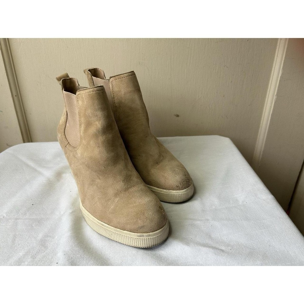 Lauren Ralph Lauren Tan Suede Chelsea Wedge Sneaker Booties Platform Pull-On